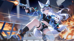 1girl animal_ear_fluff animal_ears asymmetrical_legwear battle black_gloves black_shorts black_socks blue_eyes blue_jacket dinyc explosion expressionless fingerless_gloves fox_ears fox_tail gloves goggles goggles_on_head gun highres holding holding_gun holding_weapon jacket navel original pantyhose shorts socks solo stomach tail thigh_strap tinted_eyewear weapon