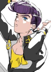1boy anchor_ornament black_jacket blue_eyes diamond_wa_kudakenai earrings gakuran heart higashikata_josuke highres jacket jewelry jojo_no_kimyou_na_bouken lighthouse_(lt_yummy) male_focus peace_symbol pompadour purple_hair school_uniform shirt simple_background sketch solo stud_earrings white_background yellow_shirt