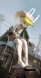 Rule 34 | 1girl, absurdres, bar censor, bare legs, barefoot, censored, closed mouth, feet, full body, girls&#039; frontline, girls&#039; frontline neural cloud, green eyes, highres, neko blow, pink hair, sitting, taisch (neural cloud), toes, twintails, visor cap