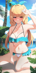 1girl absurdres bare_shoulders beach blonde_hair blush braid breasts cleavage closed_mouth cloud cloudy_sky collarbone day green_ribbon hair_ornament hair_ribbon highres lessone long_hair looking_at_viewer medium_breasts nijisanji nijisanji_en outdoors pointy_ears pomu_rainpuff red_eyes ribbon sky smile solo swimsuit thighs twin_braids virtual_youtuber wings