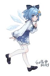 Rule 34 | 1girl, ahoge, alternate costume, artist name, black shoes, blue bow, blue eyes, blue hair, blue skirt, bow, cirno, cirno (siyumu&#039;s outfit design), closed mouth, commentary, finger to own chin, flower, frilled skirt, frills, full body, hair flower, hair ornament, highres, himitsu onigiri, horizontal-striped bow, ice, ice wings, leaning forward, long sleeves, looking at viewer, pantyhose, print skirt, puffy long sleeves, puffy sleeves, sailor collar, shirt, shoes, short hair, skirt, snowflake print, striped bow, symbol-only commentary, touhou, white background, white pantyhose, white sailor collar, white shirt, wings