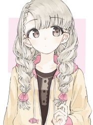 1girl blush braid brown_eyes expressionless grey_hair highres hisakawa_nagi hood hooded_jacket idolmaster idolmaster_cinderella_girls jacket long_hair looking_to_the_side solo tenoo12 twin_braids upper_body