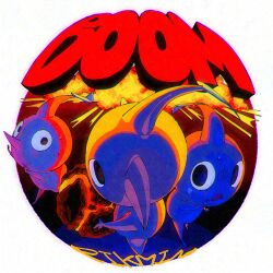 black_eyes blue_pikmin bomb_rock explosion highres looking_at_viewer nintendo no_humans open_mouth pikmin_(series) pikmin_1 red_pikmin sweat triangle_mouth yellow_pikmin yu_pikmin