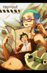 00s 1girl aqua_hair bad_deviantart_id bad_id blue_hair blush blush_stickers book eureka_(eureka_seven) eureka_seven eureka_seven_(series) female_focus glasses gulliver_(eureka_seven) headphones letterboxed lying midriff open_book pencil pink_eyes raglan_sleeves ray=out reading renton_thurston robert_kim short_hair solo wooden_pencil