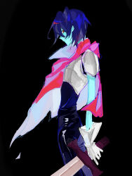 Rule 34 | 1other, absurdres, armor, armored gloves, artist name, black background, blue hair, blue skin, cape, colored skin, commentary, deltarune, from side, highres, holding, holding sword, holding weapon, ji dong ele, kris (dark world) (deltarune), kris (deltarune), looking at viewer, looking to the side, other focus, red cape, red eyes, short hair, shoulder armor, side cape, simple background, solo, sword, weapon