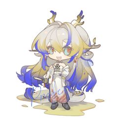 1girl :d arknights blonde_hair blue_eyes blue_hair chibi dragon_girl dragon_horns eastern_dragon_tail full_body gradient_hair grey_hair grey_shoes highres horns jacket long_hair looking_at_viewer multicolored_hair open_mouth pants shoes shu_(arknights) smile solo standing strapless tansuangai_fenmo tube_top white_background white_jacket white_pants white_tube_top