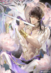 1boy abs absurdres asian bare_pectorals bracelet brown_eyes brown_hair character_request chinese_clothes closed_mouth cowboy_shot cropped_jacket crossed_ankles deer eyelashes feather_hair_ornament feathers flower flute gold_bracelet gold_necklace hagoromo hair_between_eyes hair_ornament halo halo_behind_head highres holding holding_flute holding_instrument instrument jacket jewelry light_particles lips long_hair looking_at_viewer lotus love_and_producer male_focus music navel necklace night night_sky open_clothes open_jacket outdoors pants pectorals petals pink_flower pink_lips playing_instrument purple_sash sash see-through_clothes see-through_jacket shawl short_sleeves sitting sky solo thick_eyebrows toned toned_male waist_sash watermark weibo_watermark white_jacket white_pants ye_dian_pikaqiu