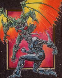 Rule 34 | 1980s (style), 1990s (style), 1boy, 2girls, arm blade, armor, battle, border, character request, clenched hand, crossover, diana (genocyber), duel, elaine (genocyber), energy, energy wings, fighting, genocyber, genocyber (character), glowing, glowing eyes, guyver i, highres, horns, kyoushoku soukou guyver, monster, multiple girls, oldschool, open mouth, outside border, power armor, retro artstyle, science fiction, steven-butler, tagme, weapon, wings
