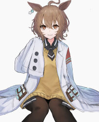 Rule 34 | 1girl, agnes tachyon (umamusume), ahoge, animal ears, bags under eyes, black necktie, black pantyhose, black shirt, brown hair, buttons, collared shirt, earrings, hair between eyes, haruharu sensei, highres, horse ears, horse girl, jewelry, lab coat, light smile, looking at viewer, medium hair, messy hair, necktie, pantyhose, parted lips, partially unzipped, red eyes, shirt, short necktie, sidelocks, simple background, single earring, sleeves past fingers, sleeves past wrists, solo, sweater vest, test tube, umamusume, very long sleeves, white background, wide sleeves, yellow sweater vest, zipper