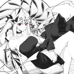 1girl absurdres alternate_costume arknights breasts choker closed_mouth collarbone commentary demon_horns dress earrings english_commentary expressionless feet_out_of_frame greyscale highres horns jewelry leria_v long_hair looking_at_viewer material_growth medium_breasts monochrome mudrock_(arknights) oripathy_lesion_(arknights) pointy_ears red_eyes sash signature simple_background solo spot_color strapless strapless_dress white_background