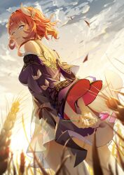 Rule 34 | 1girl, absurdres, bare shoulders, blue eyes, breasts, cloud, cloudy sky, commentary, cowboy shot, cyrene (honkai: star rail), dawn, dress, flower, from side, hair ornament, highres, holding, holding flower, honkai: star rail, honkai (series), jacket, jelmul, looking to the side, medium breasts, outdoors, parted lips, pink flower, pink hair, pink pupils, purple jacket, short hair, sky, smile, solo, white dress, wind