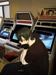 Rule 34 | 1boy, arcade cabinet, black gloves, black shirt, commentary request, crew neck, feet out of frame, gloves, green hair, highres, incendo zzz, lighter (zenless zone zero), looking ahead, male focus, parted bangs, profile, shirt, short sleeves, sitting, solo, sunglasses, unfinished, window, yellow-framed eyewear, zenless zone zero
