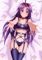1girl bare_shoulders blush bra breasts choker cleavage_cutout clothing_cutout frilled_choker frills garter_belt garter_straps hairband highres lingerie long_hair looking_at_viewer medium_breasts navel outstretched_arms panties purple_bra purple_hair purple_panties purple_thighhighs red_eyes red_hairband shugo19 smile solo sword_art_online thighhighs underwear yuuki_(sao)