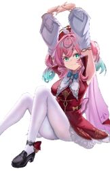 1girl ahoge ankle_bow ankle_ribbon aqua_eyes aqua_hair arms_up black_shoes blue_bow blue_bowtie bow bowtie breasts closed_mouth detached_sleeves dress hair_intakes hat high_heels honkai:_star_rail honkai_(series) hyacine_(honkai:_star_rail) large_breasts long_sleeves looking_at_viewer multicolored_hair pantyhose pink_hair pumps red_bow red_dress red_hat ribbon shoes simple_background smile solo stretching thighs twintails two-tone_hair white_background white_pantyhose white_sleeves wolaiguajiile