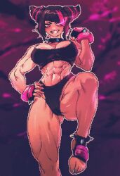1girl abs black_hair breasts collar fingerless_gloves gloves han_juri hand_on_own_hip highres korean_commentary large_breasts looking_at_viewer muscular muscular_female navel padded_gloves pink_hair pixel_art smirk solo spiked_anklet spiked_collar spikes spoiledmuffin street_fighter street_fighter_6 teeth