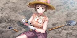 1girl blue_reflection_(series) blue_reflection_sun bra_visible_through_clothes breasts brown_eyes brown_hair collarbone dirt dot_nose from_above game_cg glasses gloves hat hat_ribbon highres holding holding_brush holding_trowel kishida_mel looking_at_viewer medium_breasts non-web_source official_art on_ground open_mouth orange_shirt outdoors pink_ribbon purple_shorts ribbon scarf shirt short_hair shorts shovel sitting solo straw_hat sweat t-shirt takaoka_yukiko teeth trowel upper_teeth_only very_sweaty wariza wet wet_clothes wet_shirt white_gloves white_scarf wide_brim work_gloves