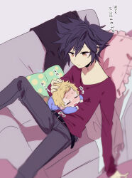 2boys aged_down alternate_costume anoko_(darenokoanoko) baby belt black_belt black_hair black_pants blonde_hair blush clenched_hands closed_eyes clothes_grab commentary_request couch crying day expressionless full-face_blush full_body hand_on_another&#039;s_head indoors kingdom_hearts kingdom_hearts_birth_by_sleep leaning_back long_sleeves looking_down male_focus multiple_boys on_couch open_mouth pants pillow red_shirt shirt short_hair sitting spiked_hair tears translation_request v-neck vanitas_(kingdom_hearts) ventus_(kingdom_hearts) yellow_eyes