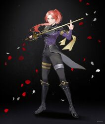 Rule 34 | 1girl, absurdres, black background, black boots, black pants, boots, clair obscur: expedition 33, commentary, english commentary, falling petals, freckles, full body, grey eyes, high ponytail, highres, holding, holding sword, holding weapon, long hair, looking at viewer, maelle (clair obscur: expedition 33), pants, petals, ponytail, red hair, red petals, solo, sword, tk (tksnim), weapon, white petals
