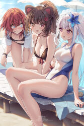 Rule 34 | 3girls, ange katrina, animal ears, bikini, black bikini, blue eyes, breasts, brown eyes, brown hair, cleavage, commentary request, competition swimsuit, dock, dog ears, dog hair ornament, feet out of frame, flower, hair flower, hair ornament, highleg, highleg one-piece swimsuit, highres, inui toko, kuro-kun (nablack), lize helesta, medium breasts, multiple girls, nijisanji, one-piece swimsuit, sanbaka (nijisanji), short hair, swimsuit, virtual youtuber, white hair, white one-piece swimsuit