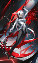 1girl arlecchino_(genshin_impact) arm_up black_eyes black_hair black_pants breasts coat crimson_moon&#039;s_semblance_(genshin_impact) genshin_impact grey_coat high_heels highres holding holding_scythe holding_weapon leggings long_sleeves medium_breasts multicolored_hair pants scottie_(phantom2) scythe single_wing solo streaked_hair weapon white_hair wings
