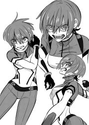 1girl amate_yuzuriha angry bags_under_eyes clenched_hand clenched_teeth greyscale gundam gundam_gquuuuuux highres kimidori_(haruzionmitaka) mecha_pilot_suit monochrome multiple_views open_mouth short_hair simple_background solo teeth white_background wide-eyed