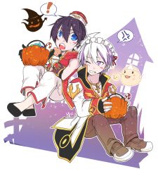 ! 2boys amase_tatsuki anger_vein biretta black_coat black_footwear black_gloves black_hair blue_eyes blush_stickers brown_footwear brown_pants candy candy_cane champion_(ragnarok_online) clenched_teeth coat commentary_request cross cross_necklace eating flame_print food full_body ghost gloves hair_ribbon halloween high_priest_(ragnarok_online) highres hood hooded_coat jack-o&#039;-lantern jewelry layered_clothes light_purple_hair long_sleeves looking_at_another lude_(ragnarok_online) maid_headdress multicolored_coat multiple_boys necklace one_eye_closed open_clothes open_coat open_mouth pants pumpkin purple_eyes quve_(ragnarok_online) ragnarok_online ragnarok_origin red_coat red_ribbon ribbon shoes short_hair sleeveless sleeveless_coat spoken_anger_vein spoken_exclamation_mark teeth two-tone_coat two-tone_gloves white_coat white_gloves white_pants wrapped_candy