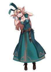 1girl animal_ears belt blonde_hair breasts dress fate/grand_order fate_(series) gerda_(fate) green_dress green_eyes highres hirunagi long_dress long_hair medium_breasts rabbit_ears rabbit_pose smile solo white_background wrist_cuffs