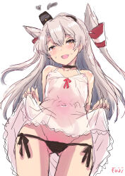 Rule 34 | 1girl, amatsukaze (kancolle), black choker, brown eyes, choker, clothes lift, covered erect nipples, cowboy shot, dress, dress lift, fang, fuji (pixiv24804665), hair tubes, hat, heart, highres, kantai collection, leotard, long hair, lowleg, lowleg panties, mini hat, panties, pink dress, side-tie leotard, simple background, smoke heart, smokestack hair ornament, solo, spaghetti strap, sweater, two side up, underwear, white background