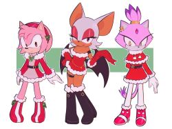 3girls ;) alternate_costume amy_rose bat_girl belt black_boots blaze_the_cat blaze_the_cat_(holiday_cheer) boots capelet cat_girl cat_tail closed_mouth dress ear_piercing eyelashes full_body furry furry_female gloves hairband hand_on_own_hip hedgehog_girl lolaluflores looking_at_viewer multiple_girls official_alternate_costume one_eye_closed pants piercing pink_eyes pink_fur purple_fur red_boots red_capelet red_dress red_gloves red_hairband red_shoes rouge_the_bat santa_costume santa_dress shoes short_dress smile sonic_(series) tail white_gloves white_pants winter_clothes yellow_eyes