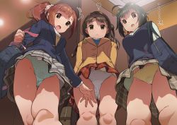 ... ...! 3girls :&lt; :o ? ahoge amatsu_amaguri badge bag blazer blue_bag blue_jacket blue_panties blue_sweater_vest blunt_bangs bow bow_panties bowtie brown_eyes brown_hair brown_jacket brown_skirt brown_sweater_vest ceiling ceiling_light commentary dress_shirt elevator from_below green_hair grey_skirt groin hair_ornament hair_scrunchie highres holding holding_bag holding_strap idolmaster idolmaster_cinderella_girls igarashi_kyoko jacket kohinata_miho long_hair menstrual_pad motion_lines multiple_girls open_mouth panties pantyshot pink_check_school_(idolmaster) pink_scrunchie plaid_clothes plaid_skirt pleated_skirt polka_dot polka_dot_panties raised_eyebrows red_neckwear red_skirt school_bag school_uniform scrunchie shimamura_uzuki shirt short_hair shoulder_bag side_ponytail skirt standing sweater_vest underwear upskirt white_panties white_shirt yellow_eyes yellow_panties