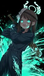 1girl absurdres airi_(blue_archive) airi_(halloween)_(blue_archive) baseball_bat black_background black_gloves blue_archive brown_hair commentary_request gloves green_eyes green_halo green_jacket green_pants halloween_costume halo highres hockey_mask holding holding_baseball_bat holding_behind_back holding_weapon_behind_back jacket long_hair looking_at_viewer mask mask_on_head miyayoki official_alternate_costume open_mouth paint_splatter pants simple_background smile solo