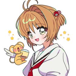 1girl :d antenna_hair blush brown_hair cardcaptor_sakura food green_eyes grey_outline hair_bobbles hair_ornament highres kero_(cardcaptor_sakura) kinomoto_sakura neckerchief one_side_up open_mouth outline portrait pudding red_neckerchief sailor_collar school_uniform serafuku shirt short_hair simple_background smile star_(symbol) white_background white_sailor_collar white_shirt yalmyu