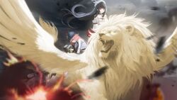 3girls animal azur_lane black_hair cloud dark_clouds explosion fang flying gallant_(azur_lane) game_cg hat highres hood lion long_hair looking_at_viewer looking_down miss_d_(azur_lane) multiple_girls non-web_source one_eye_closed red_skirt skirt trinidad_(azur_lane) wings