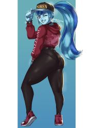 1girl absurdres aqua_hair ass baseball_cap blue_hair blue_skin blush breasts colored_skin from_behind grin hat highres huge_ass jacket leggings long_hair looking_at_viewer multicolored_hair my_little_pony my_little_pony:_equestria_girls my_little_pony:_friendship_is_magic nire nirefuster one_eye_closed pants pantylines ponytail purple_eyes shiny_clothes sideboob skin_tight smile solo sonata_dusk sonata_dusk_(human) sonata_dusk_(siren) thick_thighs thighs tight_clothes tight_pants two-tone_hair very_long_hair wink