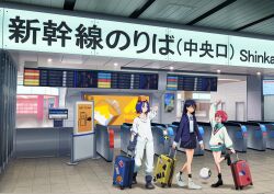 1boy 2girls amate_yuzuriha aqua_eyes blue_hair boots collared_shirt colored_inner_hair conch_(gundam) full_body gate gundam gundam_gquuuuuux haro highres holding holding_suitcase indoors jacket long_hair long_sleeves lower_eyelashes_only multicolored_hair multiple_girls necktie non-humanoid_robot nyaan_(gundam_gquuuuuux) official_art open_mouth pants promotional_art purple_hair red_eyes red_hair robot rolling_suitcase school_uniform second-party_source shirt shoes short_hair shuji_ito skirt smile sneakers standing suitcase sweater train_station two-tone_hair yellow_eyes