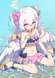 1girl absurdres anleewind azusa_(blue_archive) azusa_(swimsuit)_(blue_archive) bikini blue_archive bow frilled_bikini frills hair_bow hair_ornament hairclip highres looking_at_viewer navel ocean open_clothes pink_eyes purple_hair sitting solo swimsuit wariza
