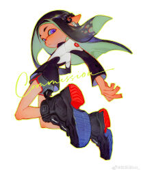 1girl absurdres black_hair closed_mouth commission creamyghost from_side full_body green_outline grey_shorts highres inkling inkling_girl inkling_player_character long_hair long_sleeves looking_at_viewer nintendo outline pointy_ears purple_eyes shoes shorts simple_background solo splatoon_(series) white_background
