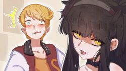 1boy 1girl black_hair black_lips blonde_hair blue_eyes goth_the_girl_and_the_jock gothic_lolita lolita_fashion surprised tyler_(goth_the_girl_and_the_jock) yellow_eyes