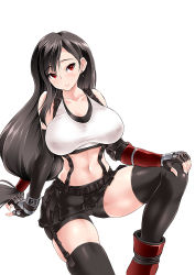 1girl bike_shorts black_hair black_skirt black_thighhighs breasts cameltoe crop_top elbow_gloves female_focus final_fantasy final_fantasy_vii final_fantasy_vii_remake fingerless_gloves gloves long_hair looking_at_viewer low-tied_long_hair navel pleated_skirt red_eyes shorts shorts_under_skirt simple_background skindentation skirt smile solo sports_bra stomach suspenders thighhighs tifa_lockhart yameta_takashi