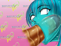 1boy 1girl alpha-152 blank_eyes blue_hair censored cheek_bulge dancing_v dead_or_alive fellatio hetero huge_penis long_hair monster_girl oral penis slime_girl tagme tecmo