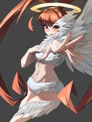 10_09hwan 1girl amano_nene_(digimon_xros_wars) brown_hair digimon digimon_xros_wars feathered_wings feathers halo highres long_hair looking_at_viewer luminamon_(nene_ver.) navel one_wing poss possession purification split_ponytail tagme wide_hips wings