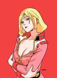 1girl blonde_hair blue_eyes breasts cleavage collarbone commentary_request gundam ikeda_kazuhiro lips long_sleeves looking_at_viewer military_uniform mobile_suit_gundam parted_lips red_background sayla_mass short_hair simple_background solo