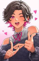 Rule 34 | 1boy, :d, bare shoulders, black hair, check gender, cleavage cutout, clothing cutout, collared shirt, colored inner hair, commentary, double finger gun, english commentary, finger gun, gender request, heart, highres, looking at viewer, male focus, multicolored hair, neck ribbon, one eye closed, open mouth, original, pink eyes, pink hair, pink ribbon, ribbon, shirt, short hair, smile, solo, tacet mark (wuthering waves), teeth, upper body, upper teeth only, veri, white shirt, wuthering waves