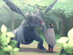 1boy boots brown_hair cloak game_freak gen_5_pokemon hilbert_(pokemon) legendary_pokemon male_focus nature nintendo outdoors pengin0808 pokemon pokemon_(creature) pokemon_bw tree wings zekrom
