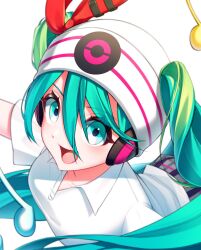 aqua_eyes aqua_hair blush collarbone hair_between_eyes hat hatsune_miku headphones highres kkultteok0 musical_note nintendo official_alternate_costume official_alternate_hairstyle open_mouth poke_ball_symbol pokemon project_voltage psychic_miku_(project_voltage) shirt short_sleeves simple_background smile vocaloid white_background white_hat white_shirt