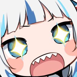 +_+ 1girl :o artist_request bad_link blue_eyes blue_hair blunt_bangs blush_stickers chibi gawr_gura gawr_gura_(1st_costume) hair_ornament hololive hololive_english looking_at_viewer multicolored_hair official_art open_mouth portrait sharp_teeth solo sparkling_eyes streaked_hair teeth transparent_background virtual_youtuber white_hair