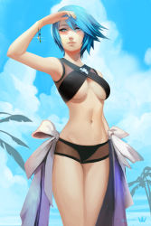 1girl absurdres aqua_(kingdom_hearts) beach bikini black_bikini blue_eyes blue_hair bracelet breasts hand_over_eye highres jewelry kingdom_hearts kingdom_hearts_birth_by_sleep medium_breasts navel nikusenpai palm_tree short_hair sigil smile solo standing sunlight swimsuit tree underboob