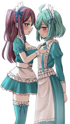 Rule 34 | 2girls, adjusting another&#039;s hair, ahoge, akoya matama, anemo nemo, apron, arms behind back, averting eyes, breasts, brown hair, closed mouth, corset, dress, frilled apron, frilled dress, frilled thighhighs, frills, from side, green eyes, highres, komeko416, large breasts, long hair, looking at another, mahou shoujo ni akogarete, maid, maid apron, maid headdress, multicolored hair, multiple girls, open mouth, purple eyes, short hair, simple background, small breasts, streaked hair, thighhighs, white apron, white background, white corset