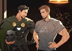 2boys arc_reactor armor avengers_(series) black_armor black_background blonde_hair blue_eyes brown_eyes brown_hair cape chinese_commentary commentary_request doctor_doom facial_hair fingernails full_armor green_cape grey_shirt hand_on_own_hip hands_on_own_hips heart helmet highres holding holding_helmet lamp looking_at_another male_focus malkogromit marvel marvel_cinematic_universe multiple_boys plant power_armor shirt short_hair short_sleeves simple_background smile speech_bubble standing steve_rogers sweatdrop t-shirt teeth tony_stark unworn_headwear unworn_helmet v-shaped_eyebrows