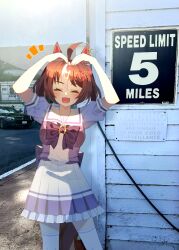1girl absurdres ahoge amane_hikari animal_ears blush breasts brown_hair car closed_eyes collarbone commentary_request english_text gran_alegria_(umamusume) highres horse_ears horse_girl horse_tail looking_at_viewer medium_breasts medium_hair motor_vehicle open_mouth photo_background school_uniform sky tail tracen_school_uniform umamusume